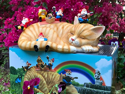 By Mark & Margot - Outdoor Garden Gnomes Picnic Sleeping Cat Statue - Beautiful Funny Novelty Gift (One Size, Blue)