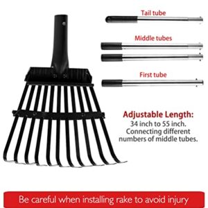 HOMIMP Adjustable Garden Leaf Rake,34" - 55" Adjustable Lightweight Aluminum Handle 11 Tines Rake,8" Inch Wide,for Gardeners,Kids Leaf Rake,Detachable Garden Rake,Easy to Carry (Black)