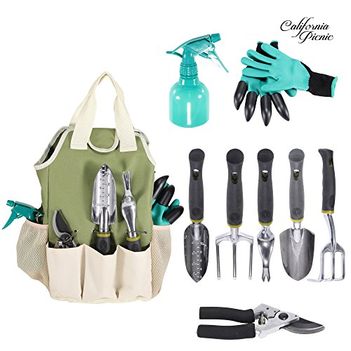 Garden Tool Set | Garden Tools Organizer Tote | Gardening Gloves Included Great Garden Tools for Woman and Men | 9 Piece Garden Accessories Tool Organizer Kit | Gardening Gifts | Gardeners Supply