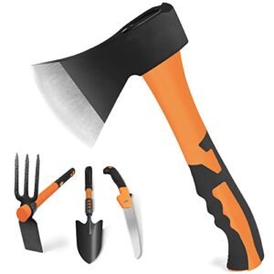 4 piece garden tool set a hand trowel, transplanter, a hoe and cultivator combo, folding saw ergonomically shaped fiberglass handle design shock-absorbing non-slip ideal for campers, hikers