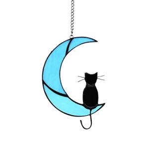 zedesey cat memorial gifts stained glass black cat decor window hanging ornament garden suncatcher gifts for cat lover cat gift for women (black cat on blue moon)