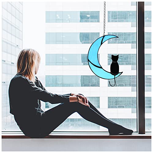 Zedesey Cat Memorial Gifts Stained Glass Black Cat Decor Window Hanging Ornament Garden Suncatcher Gifts for Cat Lover Cat Gift for Women (Black Cat on Blue Moon)