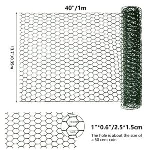 Aboofx Green Chicken Wire for Floral Arrangements, 40 x 13.7 inch Chicken Wire Mesh, Hexagonal PVC Coated Galvanized Iron Wire for Garden, Chicken Wire Fencing with 20 Zip Ties and 1 Pair of Glove