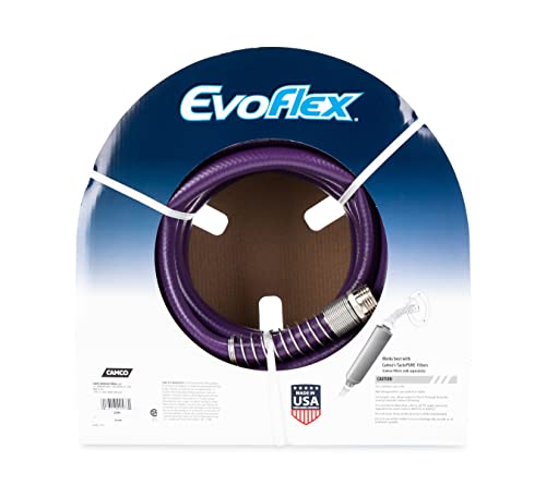 Camco EvoFlex 50-Foot Drinking Water Hose | Features an Extra Flexible Construction, Stainless Steel Strain Reliefs, and is Ideal for RVing, Gardening, Washing Pets, and More | Purple (22586)