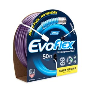 Camco EvoFlex 50-Foot Drinking Water Hose | Features an Extra Flexible Construction, Stainless Steel Strain Reliefs, and is Ideal for RVing, Gardening, Washing Pets, and More | Purple (22586)