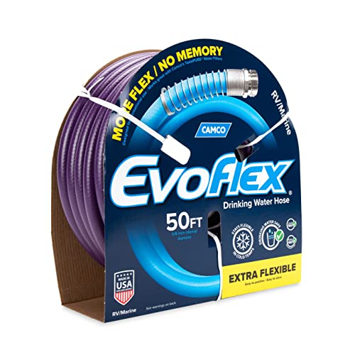 Camco EvoFlex 50-Foot Drinking Water Hose | Features an Extra Flexible Construction, Stainless Steel Strain Reliefs, and is Ideal for RVing, Gardening, Washing Pets, and More | Purple (22586)