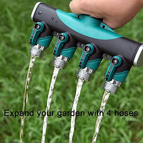 SIPIK Garden Hose Splitter 4 Way - 3/4 Inch Heavy Duty Metal Water Faucet Splitter with Shut Off Valves 4 Way Leakproof Hose Connectors with Comfortable Rubberized Grip for Gardening Hoses 5 Washers