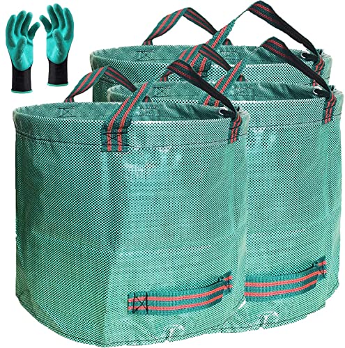 Professional 3-Pack 80 Gallons Lawn Garden Bag Leaf Waste Bags (D26, H33 inches) with Coated Gardening Gloves,Reuseable Heavy Duty Patio Bags,Grass Pool Bags,Home Yard Trash Bags with 4 Handles