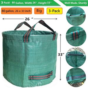 Professional 3-Pack 80 Gallons Lawn Garden Bag Leaf Waste Bags (D26, H33 inches) with Coated Gardening Gloves,Reuseable Heavy Duty Patio Bags,Grass Pool Bags,Home Yard Trash Bags with 4 Handles
