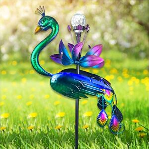 solar peacock wind spinner, flower wind spinners, peacock statue metal kinetic wind sculpture for outdoor yard patio garden decorations-47inch
