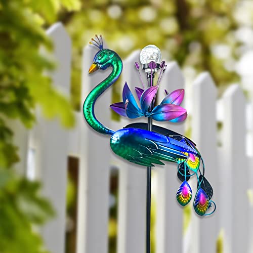 Solar Peacock Wind Spinner, Flower Wind Spinners, Peacock Statue Metal Kinetic Wind Sculpture for Outdoor Yard Patio Garden Decorations-47inch