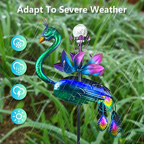 Solar Peacock Wind Spinner, Flower Wind Spinners, Peacock Statue Metal Kinetic Wind Sculpture for Outdoor Yard Patio Garden Decorations-47inch