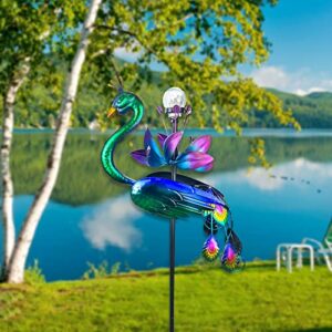 Solar Peacock Wind Spinner, Flower Wind Spinners, Peacock Statue Metal Kinetic Wind Sculpture for Outdoor Yard Patio Garden Decorations-47inch