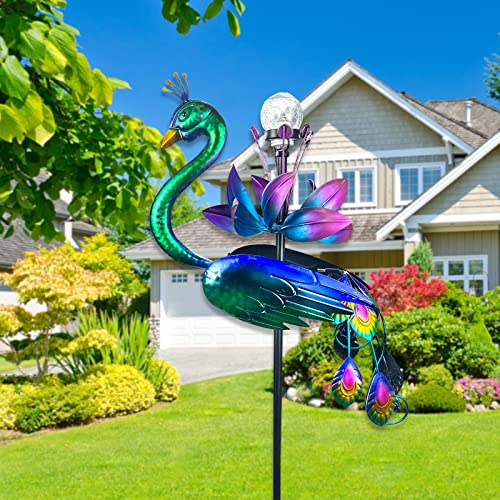 Solar Peacock Wind Spinner, Flower Wind Spinners, Peacock Statue Metal Kinetic Wind Sculpture for Outdoor Yard Patio Garden Decorations-47inch