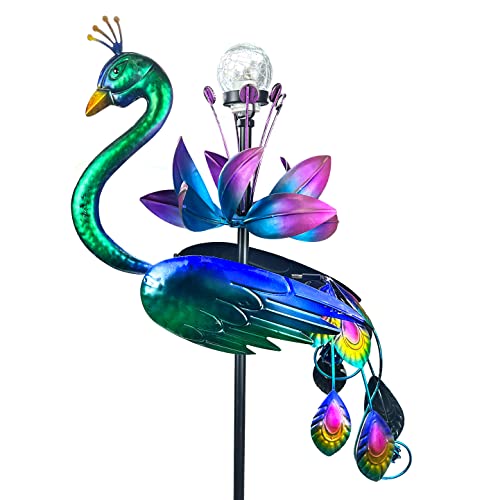 Solar Peacock Wind Spinner, Flower Wind Spinners, Peacock Statue Metal Kinetic Wind Sculpture for Outdoor Yard Patio Garden Decorations-47inch