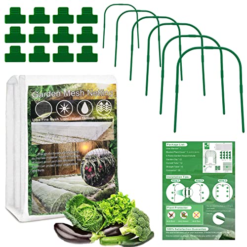 Garden Mesh Netting Kit,10x30ft Plant Cover Fine Mesh Netting with 6pcs Garden Hoops & 12 Clips,Bird Netting for Garden Protection for Fruit Vegetable Flowers Greenhouse Crop Net Row Covers