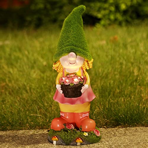 Flocked Lady Garden Gnomes, Solar Gnome Decoration Garden Statue for Yard, Patio, Lawn, Porch, Garden Decor for Outside Women Men Gifts