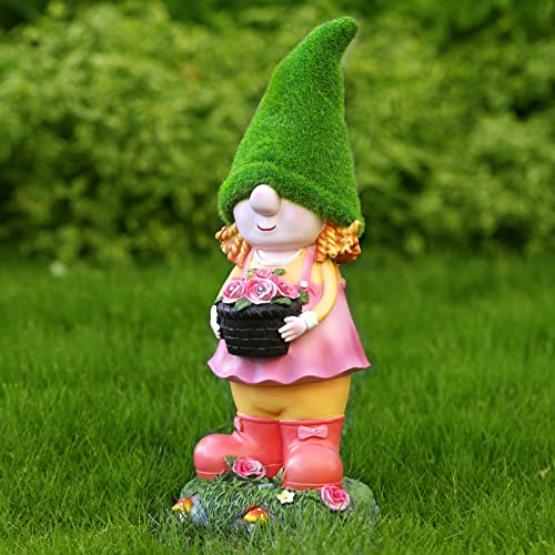 Flocked Lady Garden Gnomes, Solar Gnome Decoration Garden Statue for Yard, Patio, Lawn, Porch, Garden Decor for Outside Women Men Gifts