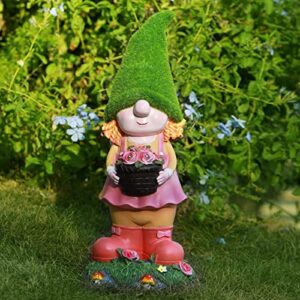 Flocked Lady Garden Gnomes, Solar Gnome Decoration Garden Statue for Yard, Patio, Lawn, Porch, Garden Decor for Outside Women Men Gifts