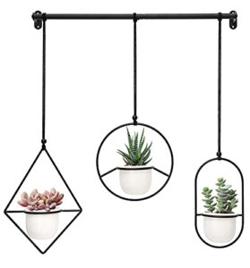 mkono mini hanging planters indoor herb garden for window, 3.5″ ceramic plant pot in 3 different metal plant hangers with drainage holes for indoor plants, black/white
