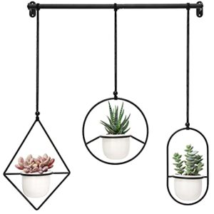 Mkono Mini Hanging Planters Indoor Herb Garden for Window, 3.5" Ceramic Plant Pot in 3 Different Metal Plant Hangers with Drainage Holes for Indoor Plants, Black/White