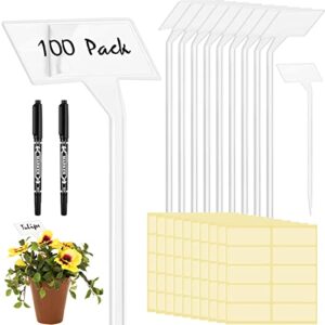 202 pcs large plant labels kit, include 100 outdoor plastic plant t type tags waterproof reusable plant markers stakes, 100 pet films and 2 marker pens for garden herbs flowers pot (white, 11.8 inch)