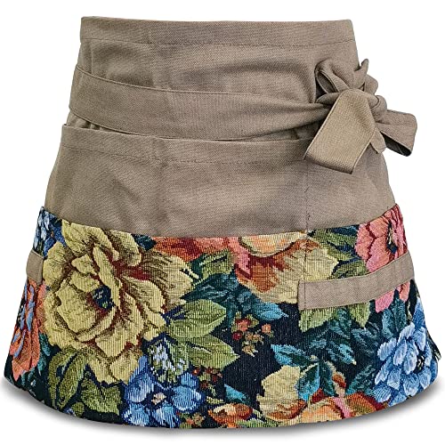 MILCIL Garden Apron for Woman, Gardening Florist Apron, Half Apron with 8 Pockets and 6 Strong Fabric Hangers for Tools or Gloves, Blue