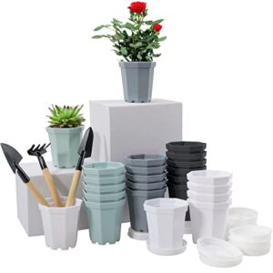 linyona 24 packs succulent pots, plastic plant pots with saucers, 3 inch mini flower pots 4 colors small pots for plants with drainage holes and 3 garden tools for indoor outdoor plants