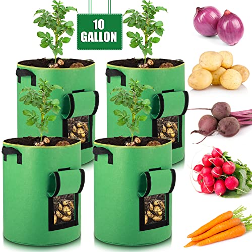 4 Pack 10 Gallon Potato Grow Bags Garden Planting Bag with Window Felt Potatoes Growing Containers with Handles for Vegetables Tomato Carrot Onion Fruits Plants Planting