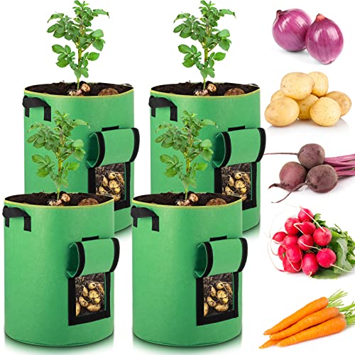 4 Pack 10 Gallon Potato Grow Bags Garden Planting Bag with Window Felt Potatoes Growing Containers with Handles for Vegetables Tomato Carrot Onion Fruits Plants Planting