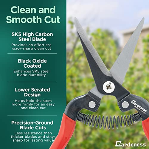 Gardeness Pruning Shear Straight Pruning Snip with SK5 Steel Serrated Blade, Adjustable Joint Screw Micro Tip Garden Scissor for Arranging, Trimming, Harvesting Fruit, Vegetables, Made in Taiwan