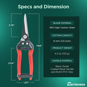 Gardeness Pruning Shear Straight Pruning Snip with SK5 Steel Serrated Blade, Adjustable Joint Screw Micro Tip Garden Scissor for Arranging, Trimming, Harvesting Fruit, Vegetables, Made in Taiwan