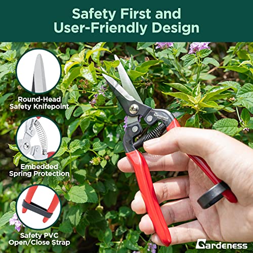 Gardeness Pruning Shear Straight Pruning Snip with SK5 Steel Serrated Blade, Adjustable Joint Screw Micro Tip Garden Scissor for Arranging, Trimming, Harvesting Fruit, Vegetables, Made in Taiwan