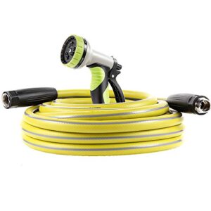macuvan garden hose 25 ft heavy duty-water hose with 9 way spray nozzle and flexible 4 layers hybrid-3/4’’ nickel plated brass fittings-5/8’’ inner core-lead-free outdoor durable lightweight pipe set