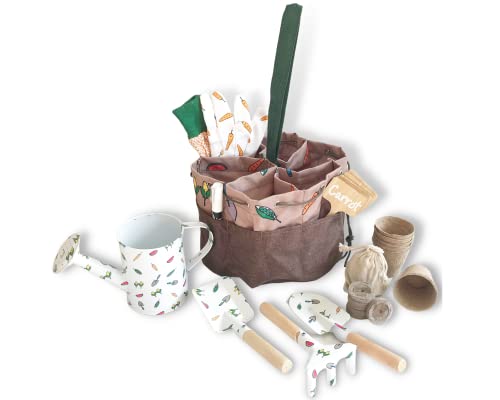 Kids Garden Tool Set, Tote Bag with Multiple Storage Pockets, Cute Gardening Gloves, Peat Soil Pellets, Fiber Pots, Watering Tin, Bamboo Tags and Pen, Great as Unique Gift Sets, Activity Kit