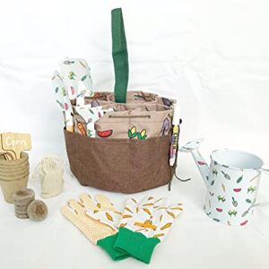 Kids Garden Tool Set, Tote Bag with Multiple Storage Pockets, Cute Gardening Gloves, Peat Soil Pellets, Fiber Pots, Watering Tin, Bamboo Tags and Pen, Great as Unique Gift Sets, Activity Kit