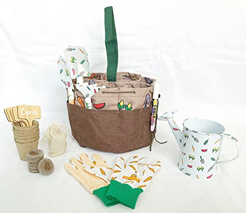 Kids Garden Tool Set, Tote Bag with Multiple Storage Pockets, Cute Gardening Gloves, Peat Soil Pellets, Fiber Pots, Watering Tin, Bamboo Tags and Pen, Great as Unique Gift Sets, Activity Kit