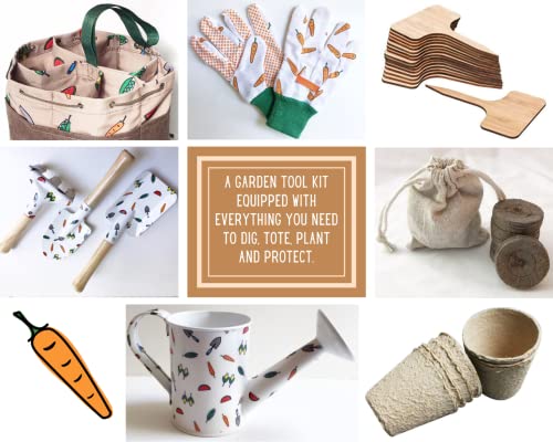 Kids Garden Tool Set, Tote Bag with Multiple Storage Pockets, Cute Gardening Gloves, Peat Soil Pellets, Fiber Pots, Watering Tin, Bamboo Tags and Pen, Great as Unique Gift Sets, Activity Kit