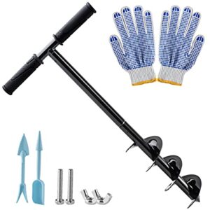 hand post hole digger – 24” x 4″ earth garden auger drill with gloves, non-slip handle, spiral drill planter bit for planting trees, seedlings, bedding plants, deep cultivating, digging weeds roots