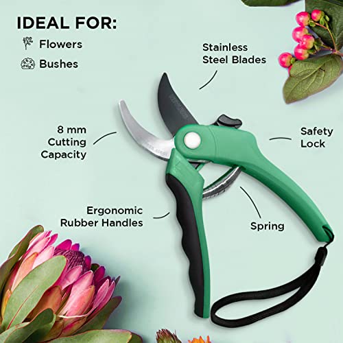 Nevlers 8" Bypass Pruning Shears for Gardening | Garden Shears with Stainless Steel Blades & 8mm Cutting Capacity| Professional Garden Scissors |Heavy Duty Gardening Hand Tools |Green Gardening Shears