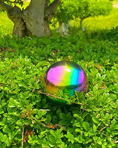 Missmore Gazing Globe Mirror Ball in Rainbow Stainless Steel, Mirror Polished Hollow Sphere Sparkling Outdoor Ornament (Globe-200mm-8in-1pc-Rainbow)