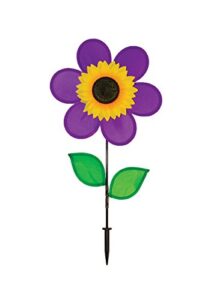 in the breeze 12 inch purple sunflower wind spinner with leaves – includes ground stake – colorful flower for your yard and garden