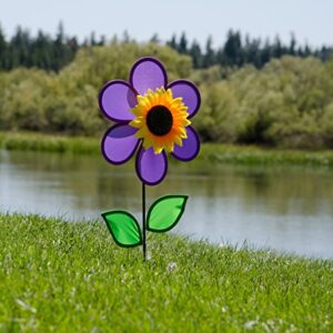 In the Breeze 12 Inch Purple Sunflower Wind Spinner with Leaves - Includes Ground Stake - Colorful Flower for Your Yard and Garden