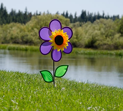 In the Breeze 12 Inch Purple Sunflower Wind Spinner with Leaves - Includes Ground Stake - Colorful Flower for Your Yard and Garden