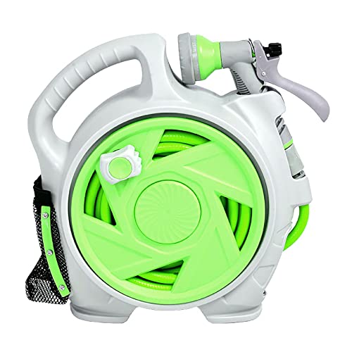 Sharellon Retractable Garden Hose Reel, Mini 50 FT Portable Garden Hose Reel, Heavy Duty Wall Mounted Hose Reel with 7 Patterns Spray Nozzle for Watering Flowers, Car Washing, Cleaning (Green)