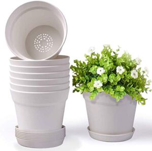 homenote pots for plants, 8 pcs 7.5 inch plastic planters with multiple drainage holes and tray – plant pots for all home garden flowers succulents, cream white