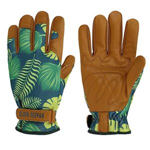 olson deepak womens gardening gloves with grain leather for yard work, rose pruning and daily work perfect fitting for women garden gloves with fashion palm leaf pattern(medium, normal-cuffs)