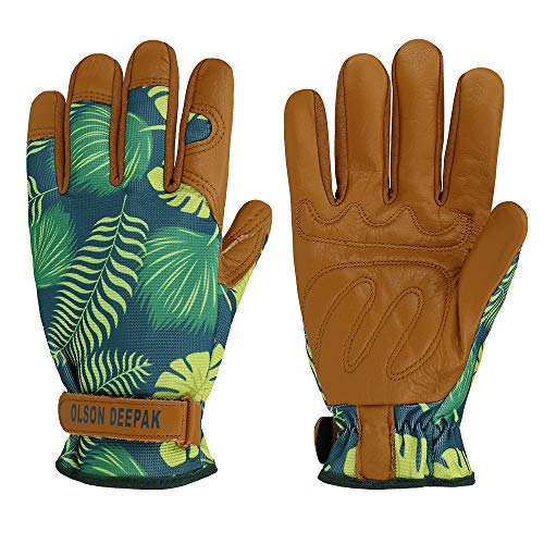 OLSON DEEPAK Womens Gardening Gloves with Grain Leather for Yard Work, Rose Pruning and Daily Work perfect fitting for women Garden Gloves with Fashion palm leaf pattern(Medium, normal-cuffs)