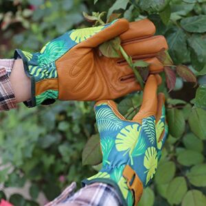 OLSON DEEPAK Womens Gardening Gloves with Grain Leather for Yard Work, Rose Pruning and Daily Work perfect fitting for women Garden Gloves with Fashion palm leaf pattern(Medium, normal-cuffs)