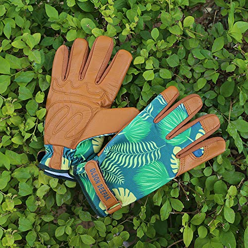 OLSON DEEPAK Womens Gardening Gloves with Grain Leather for Yard Work, Rose Pruning and Daily Work perfect fitting for women Garden Gloves with Fashion palm leaf pattern(Medium, normal-cuffs)